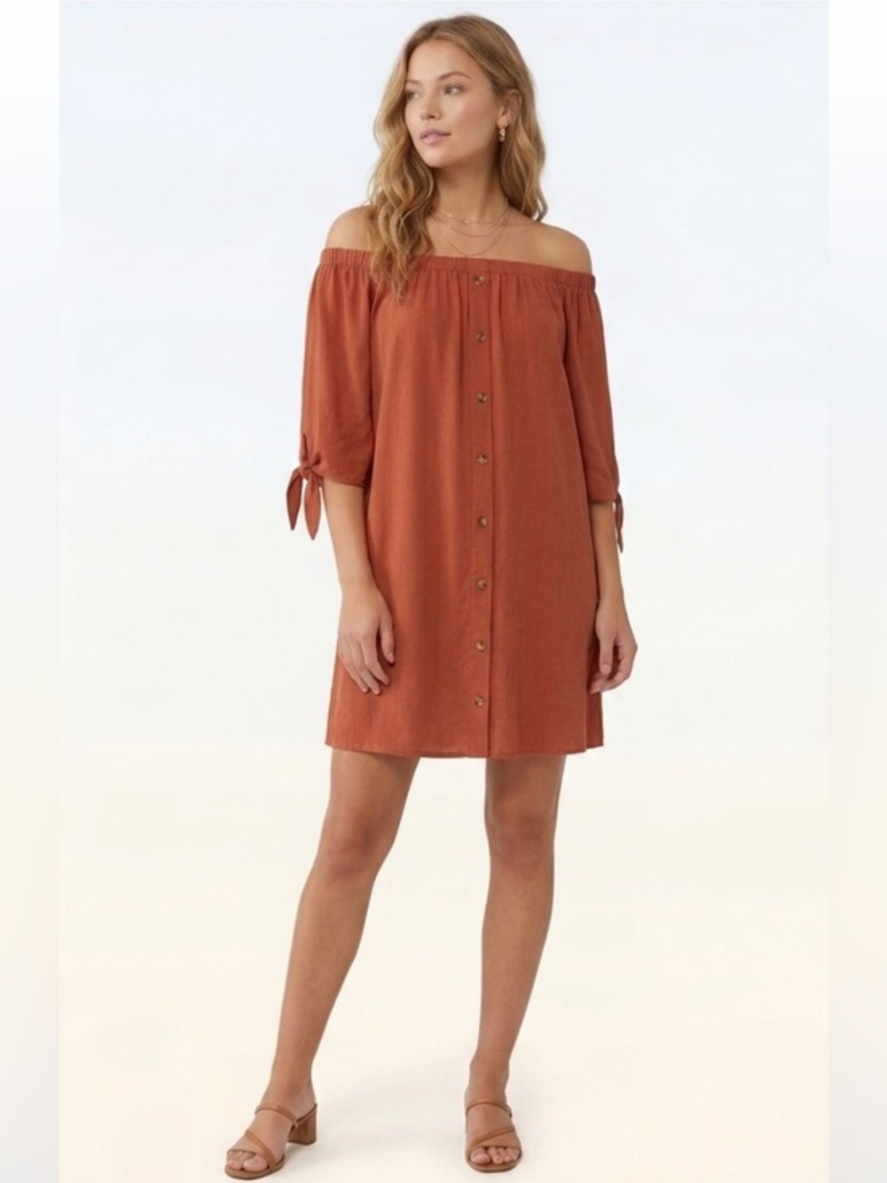 Rue 21 Rustic Brown Off The Shoulder Button Front Short Sleeve Dress Large